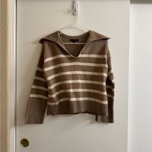 Banana Republic Brown and Cream Striped V-Neck Sweater